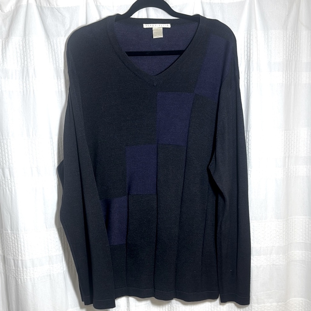 Men's Perry Ellis Black With Purple Blocks V-Neck Sweater